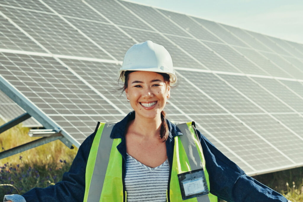 Solar panel portrait and woman with engineering cl HVMXHCD 1024x683